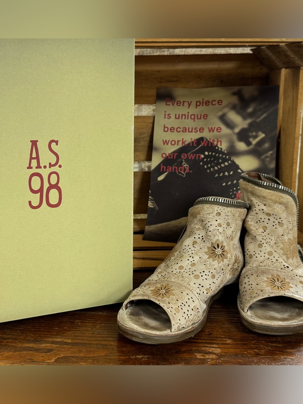 A.S.98 Beige Floral Perforated Peep-Toe Sandals With Zipper